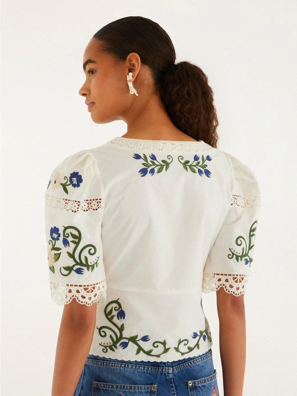 FARM RIO Off-White Countryside Land Embroidered Lace Blouse